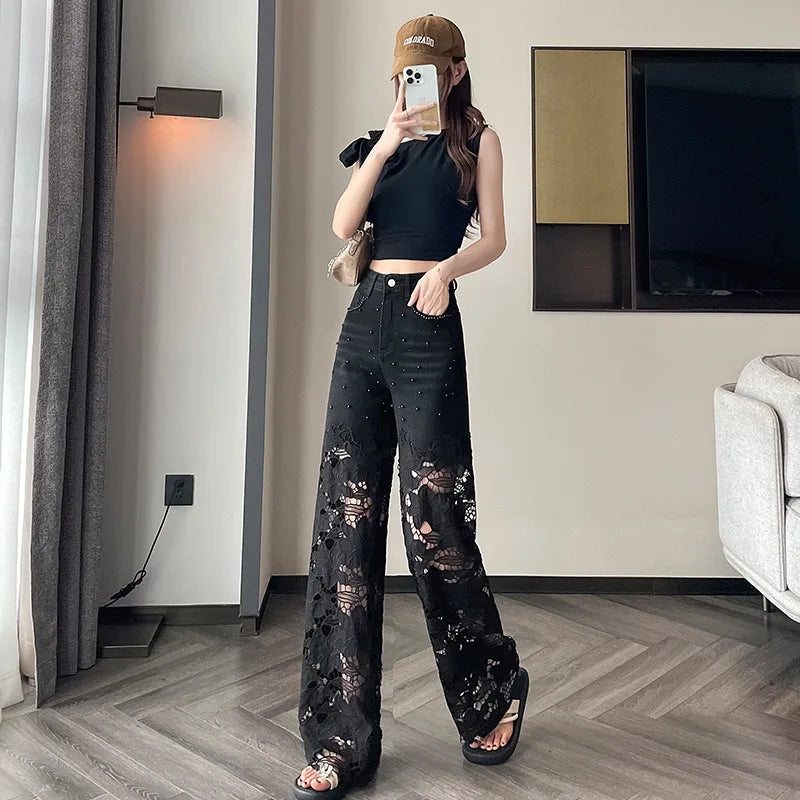 2025 Women's Denim Baggy Jeans flared Black Pants Diamonds Patchwork Lace Hollow Out Embroidery Straight  New Summer Fashion