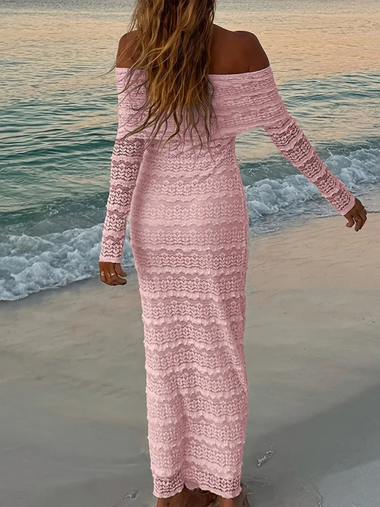 Weird Puss Jacquard Vacation Dress Women Lapel Slash Neck Backless See Through Full Sleeve Beach Party Elegant Chic Long Bodycon
