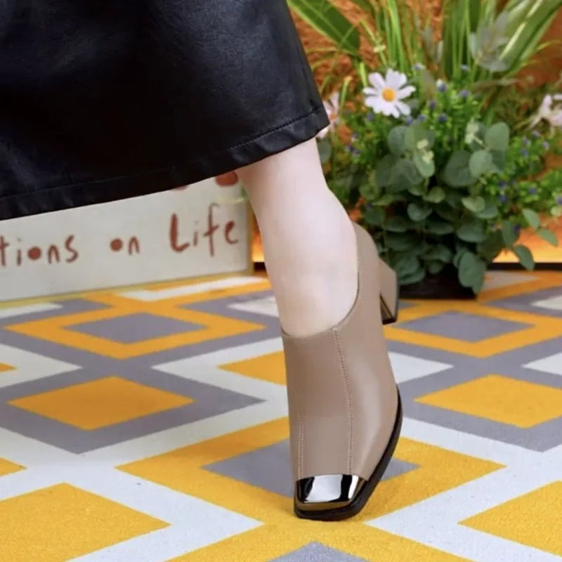 British Style Women's High Heels Woman Dress Shoes Round Toe Ladies Leather Shoes Diamond Decor Office Commute Comfortable Pumps