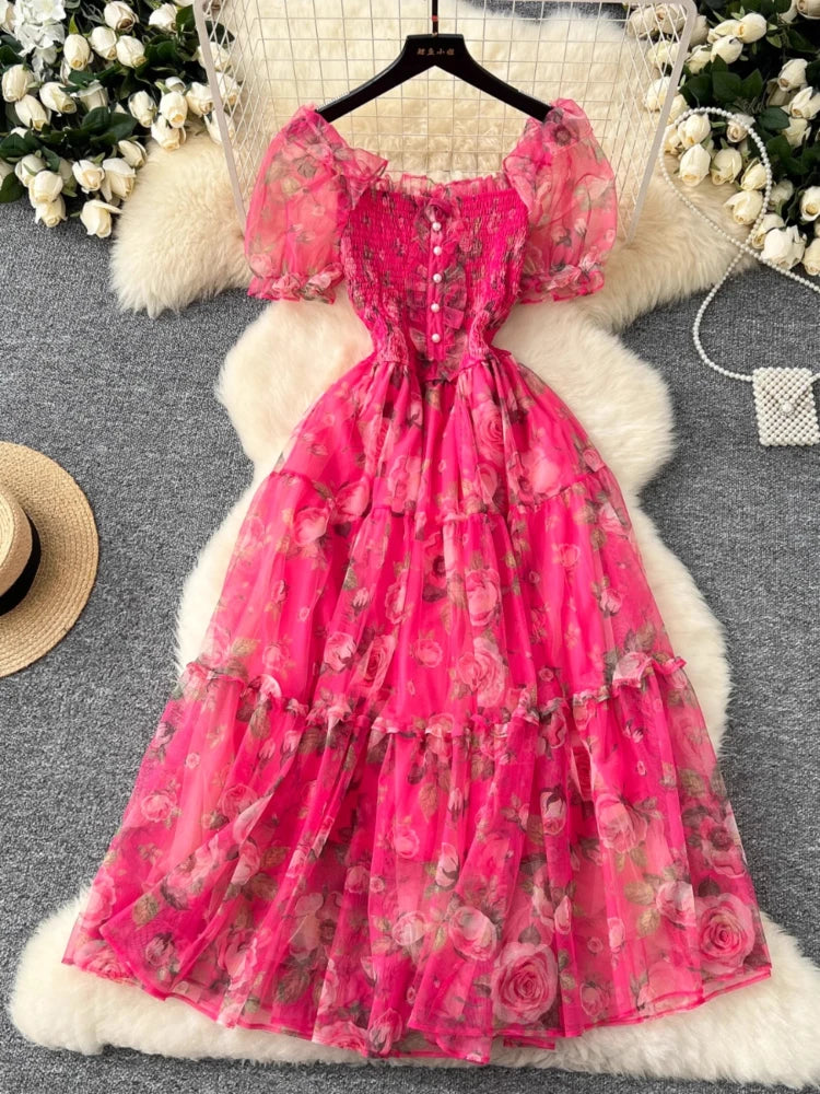 French Sweet Long Dresses Flower Print Slash Neck Puff Sleeve Pleated Patchwork Dress Summer Fashion Elegant Women Clothing 2025