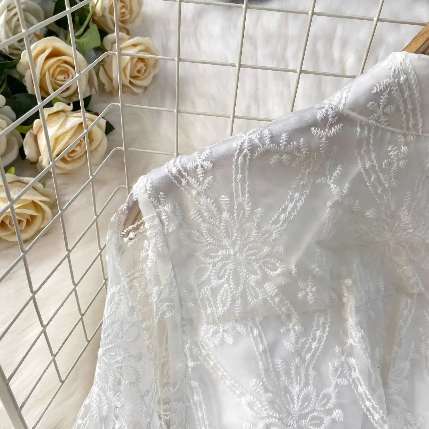 Autumn Embroidery Formal Evening Luxury Dress For Women Long Sleeve Crochet Lace Summer Dresses Single Breasted Party Vestidos