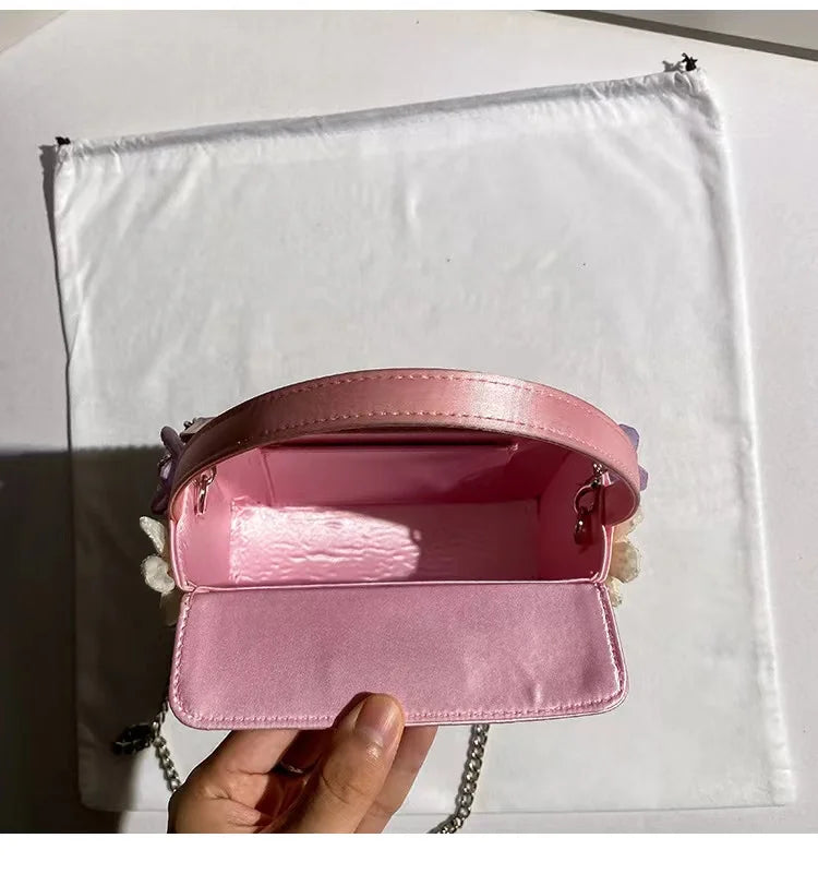 Luxury Satin Appliques Floral Square Bag Women's Handbag Fashion Evening Bag Wedding Party Clutch Purse Shoulder Crossbody Bag