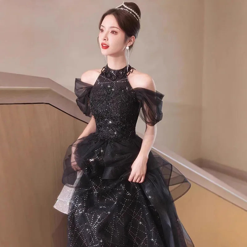 Evening Dresses Luxury 2026 Black Halter Evening Dress Corset Bodice Sequin Tulle Puffy Gown For Gala & Quinceanera