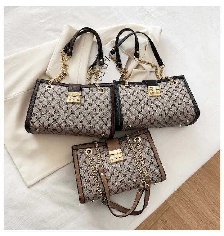 Women's Bag 2025 New Fashion European and American Retro Print Large Capacity Tote Bag Chain Shoulder Underarm Bag Wholesale
