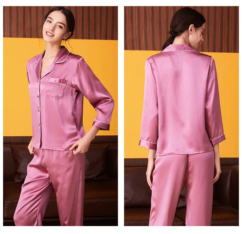 100% Mulberry Silk Pajamas Women Summer Winter Spring Long-sleeved Two-piece Couple Home Service Silk Pajamas For Lady