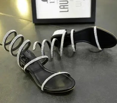 Summer Fashio 4CM Thick Heel Gladiator Sandals Women Flat Sandals Snake Punk Rhinestone Women Sandals Wedding Shoes