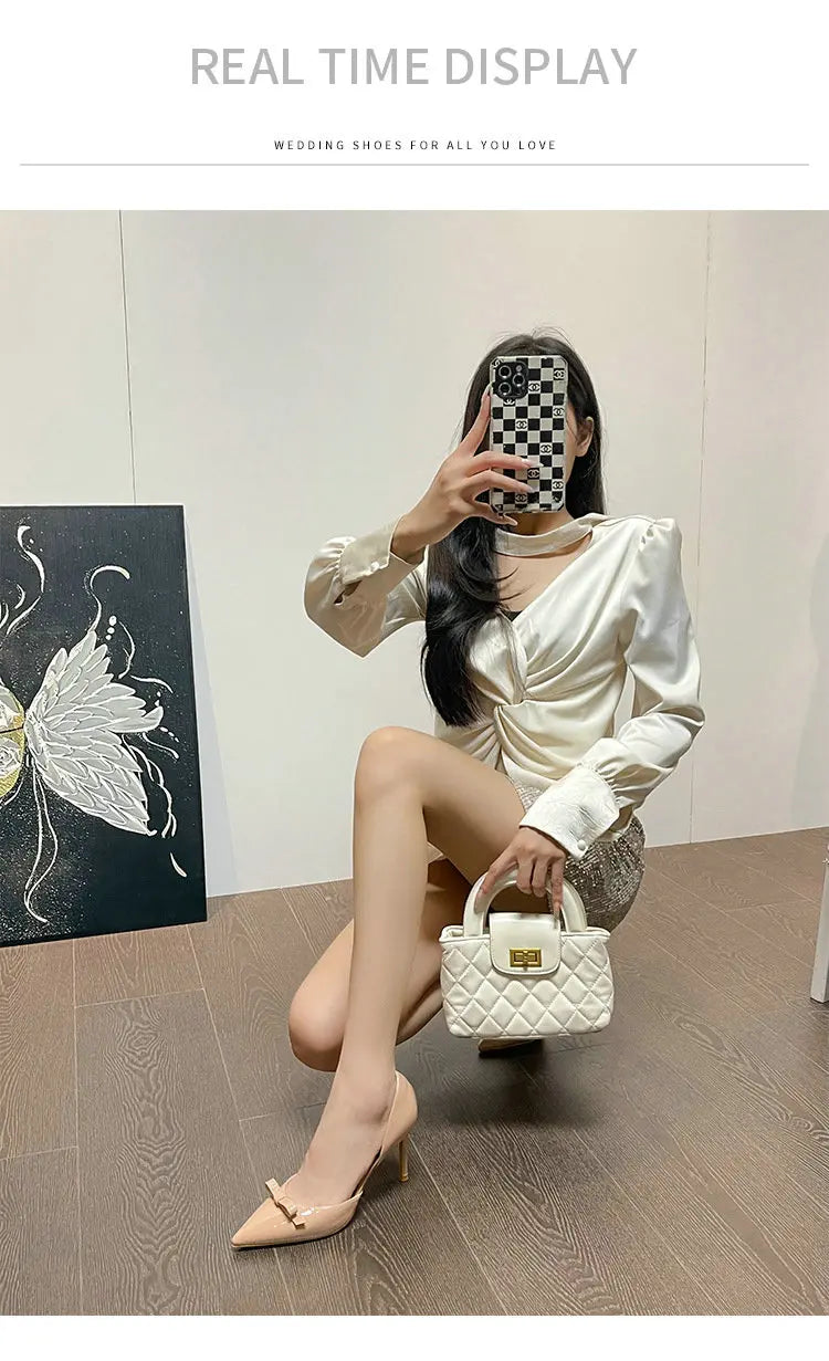 New Autumn Patent Leather Nude High Heels Thin Heel Pointed Bow Korean Version Summer Senior Feeling Hollow Female Pumps