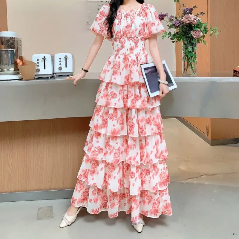 OCEANLOVE Women Dresses Puff Sleeve Print Floral Beach Style Elegant Vestidos Mujer Spring Summer Fashion A-line Long Dress
