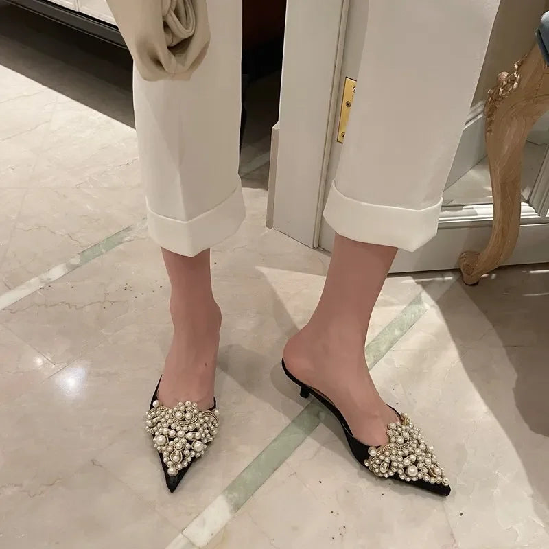 New Slippers Fashion Pointy Head Pearl Half Slippers Fine Heeled Sandals Women's Shoes 42 Yards Middle Heeled Mules Shoes