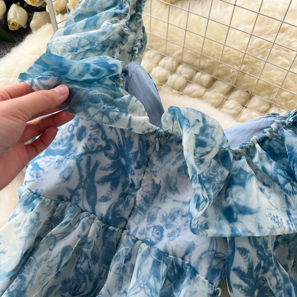 French Vintage Square Collar puff sleeve ruffle Dress A-line Chic Casual Beach Vacation Women Summer sweet dresses