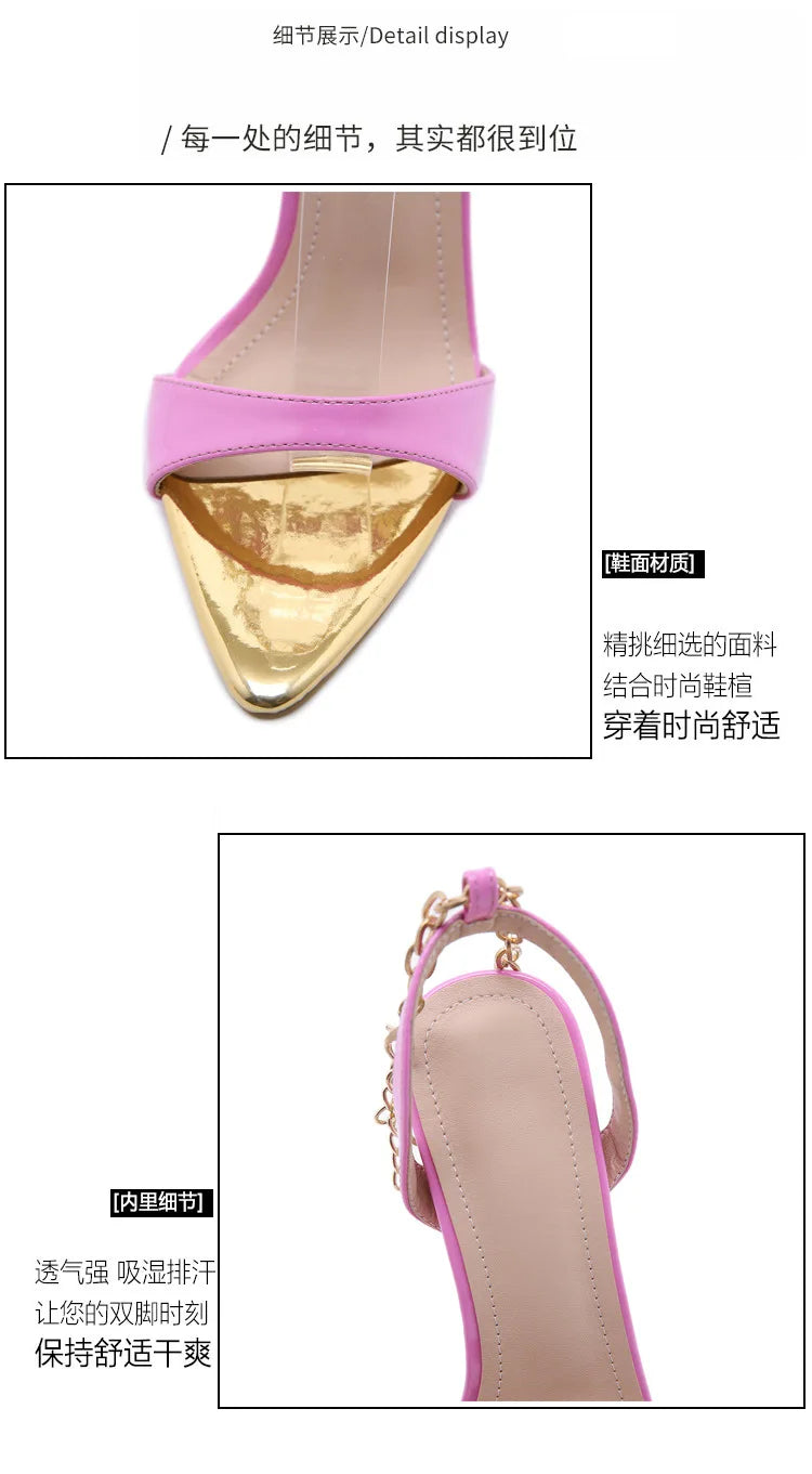 New Summer Sandals Women Fashion Gold Chain Ankle Strap Sexy Peep Toe Ladies Metal High Heels Sandals Woman Party Shoes Pumps