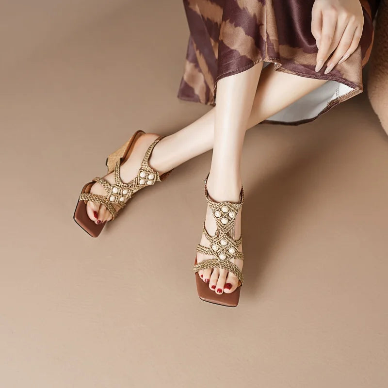 Drestrive 2025 New Arrival Fashion Women's Sandals Square Toe Wedges Weave Buckle Thick High Heels Top Quality Summer Shoes