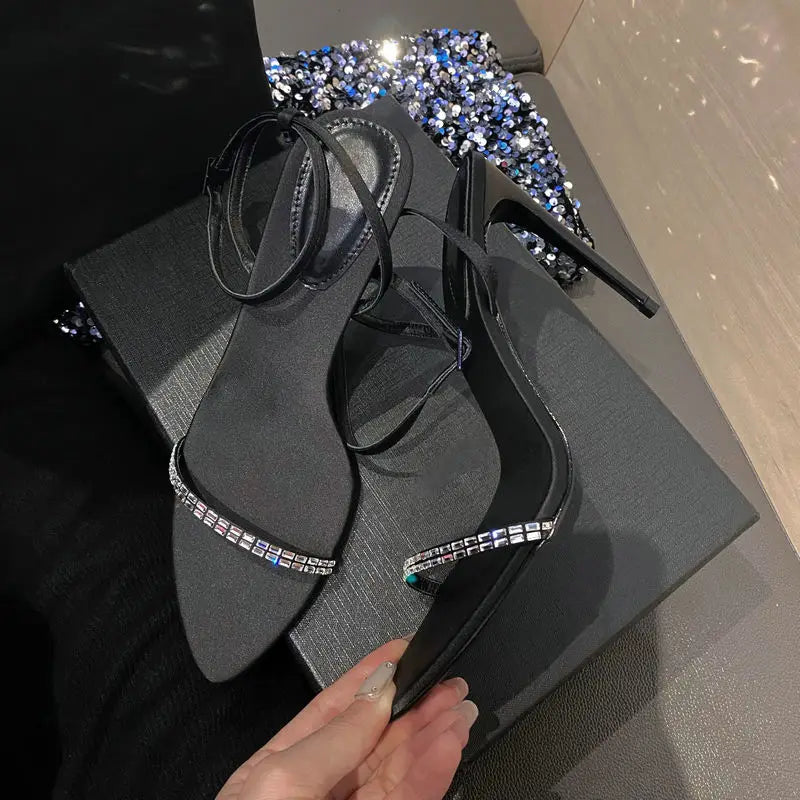 2025 Summer New Line With Rhine-Diamond Sexy Sandals Women'S Pointed Open Toe Slim Heel Beautiful Black High Heels