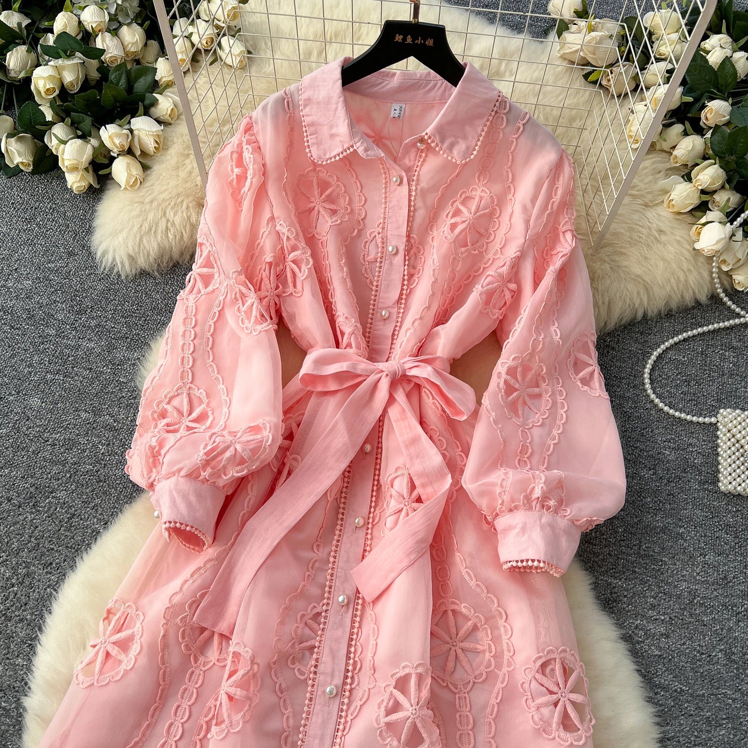 Elegant Embroidery Vintage Lantern Sleeves Lapel Single Breasted Chic Bandage Slim Long Dresses Women High Street Clothing