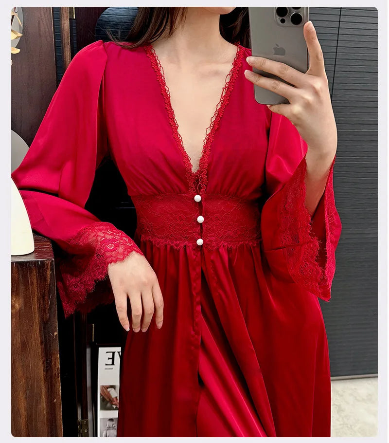 Burgundy Satin Long 2PCS Robe Nightgown Set Spring Summer Women Sleepwear Bathrobe Sexy Lace Nightgown Loose Homewear Loungewear