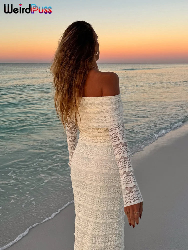 Cutenew Slash Neck Dress Women Sexy See Through Lapel Backless Full Sleeve Vacation Beach Party Elegant Skinny Maxi Vestidos