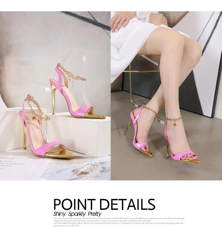 New Summer Sandals Women Fashion Gold Chain Ankle Strap Sexy Peep Toe Ladies Metal High Heels Sandals Woman Party Shoes Pumps