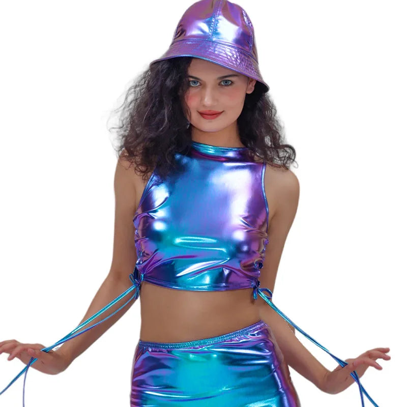 Hot Stamping Patent Leather Party Performance Costume Women's Sleeveless Strap Sleeveless Vest Nightclub Shorts Skirts