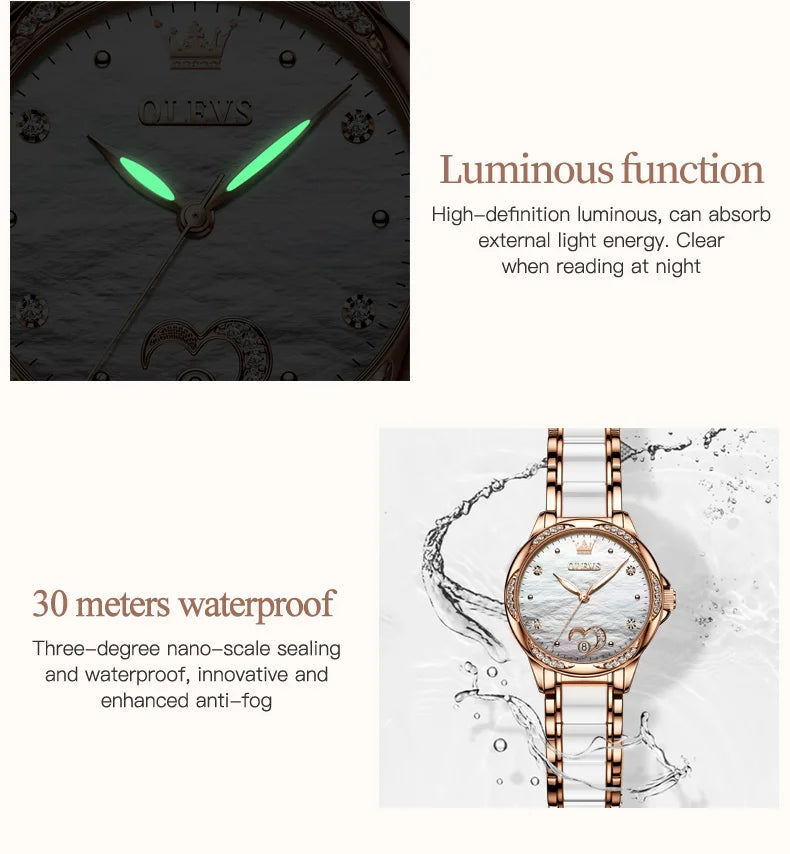 OLEVS Ladies Watch Woman Luxury Fashion Waterproof Watch for Women Watches Ceramic Automatic Mechanical Clock Gift Relogio