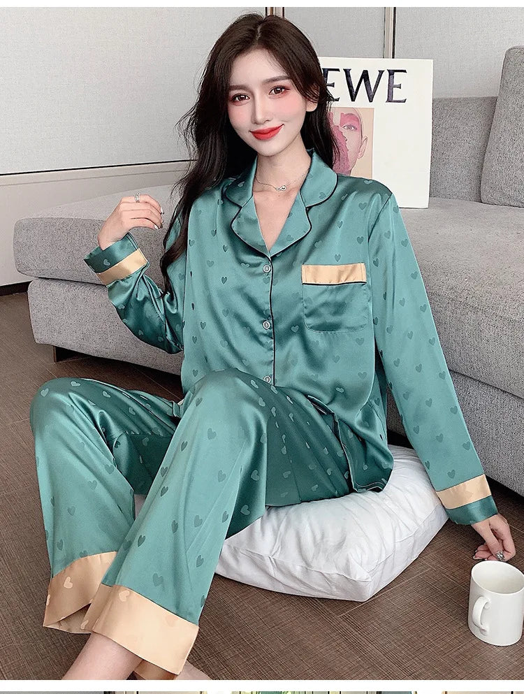 Top Autumn New Ice Silk Women Pajama Lapel Button Cardigan Outfits for Women 2 Piece Set Fashion Printing Set Clothes for Women