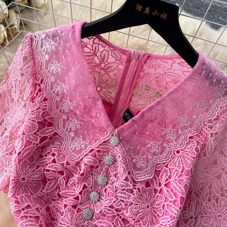 Luxury Pink Lace Midi dress with belt Women's 2025 Summer Elegant V-neck Rhinestone buttons Dresses Party clothing INKEO 4D094