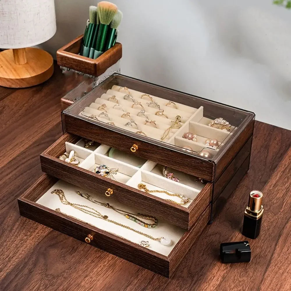 Multi-layer Wooden Jewelry Box Transparent Window Rings Necklace Jewelry Storage Case Organizer Bracelet Earrings