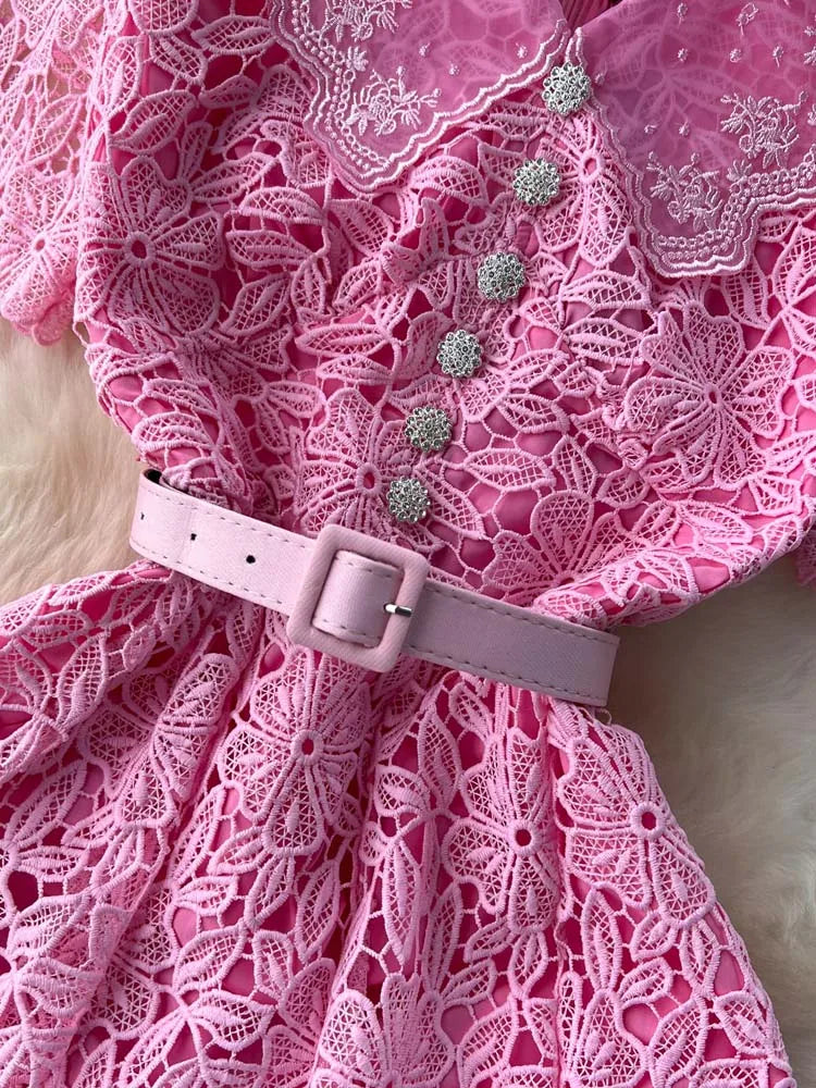 Luxury Pink Lace Midi dress with belt Women's 2025 Summer Elegant V-neck Rhinestone buttons Dresses Party clothing INKEO 4D094