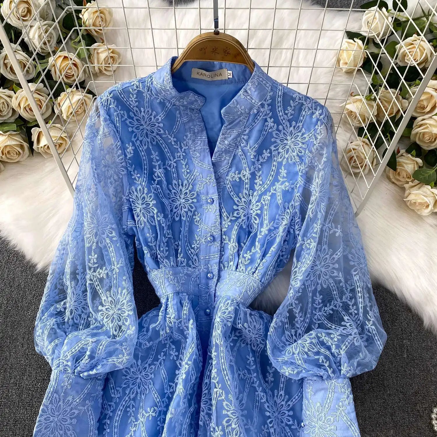 Autumn Embroidery Formal Evening Luxury Dress For Women Long Sleeve Crochet Lace Summer Dresses Single Breasted Party Vestidos