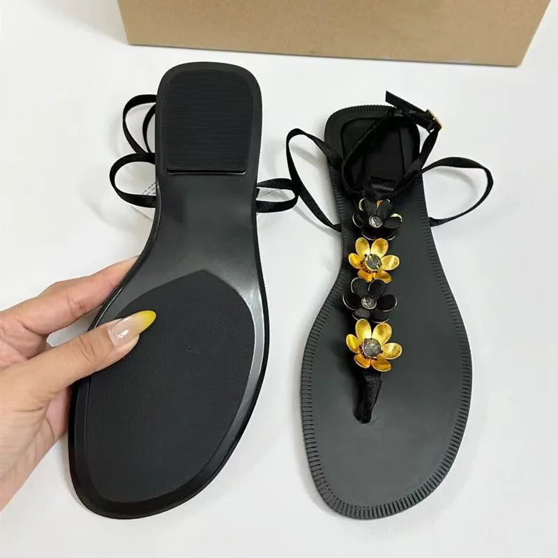 Luxury Crystal Flowers Decor Women Flats Sandals Sexy Ankle Strap Summer Beach Slides Fashion Streetwear Modern Sandals Shoes