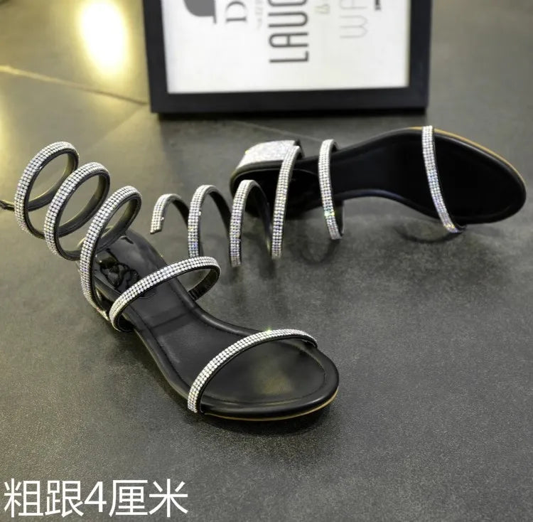 Summer Fashio 4CM Thick Heel Gladiator Sandals Women Flat Sandals Snake Punk Rhinestone Women Sandals Wedding Shoes