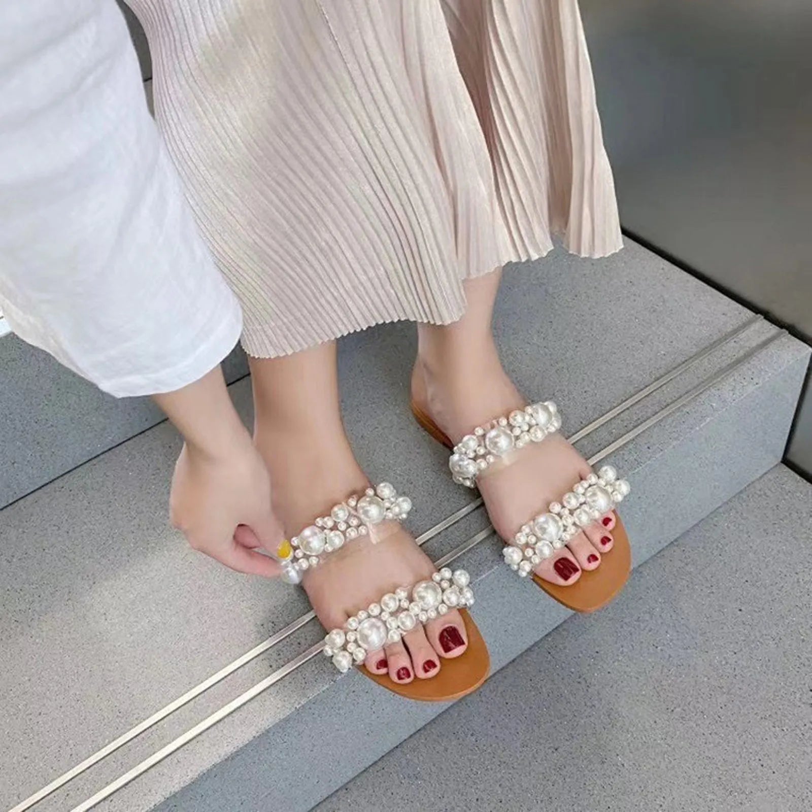 Bohemian Style Women's Pearl Open-Toe Flat Sandals Crystal Flip-Flops Summer New 2025 Transparent Flat Sandals