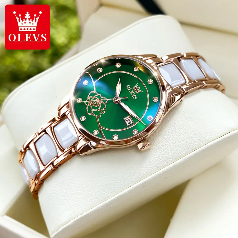 OLEVS 3606 Luxury Women Watch Camellia Quartz Japan Movement 30M Waterproof Watch For Women Ceramics Women Mechanical Watch