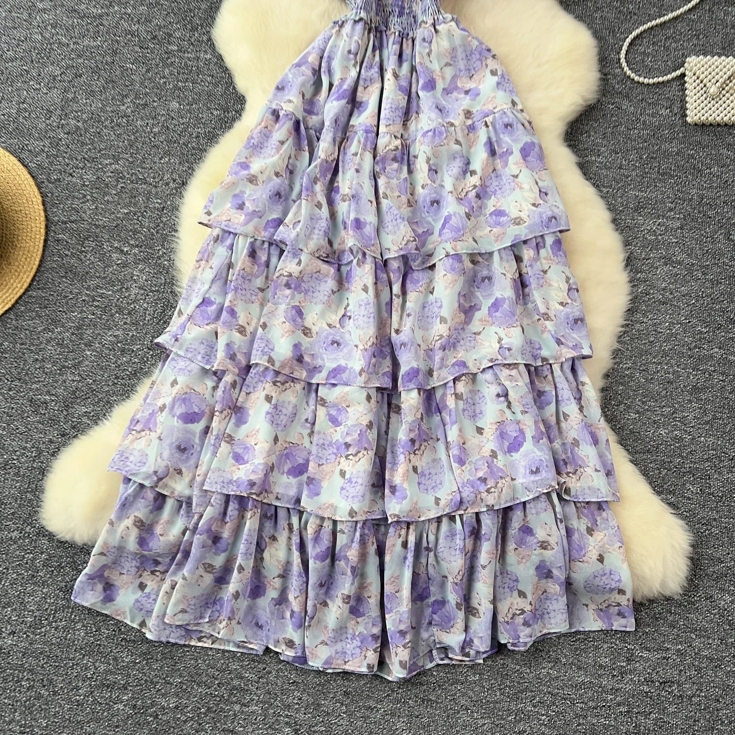 French Vintage Off Shoulder Short Sleeve Ruffle Tiered Long Dresses Chic Casual Beach Vacation Women Summer Chiffon Clothing