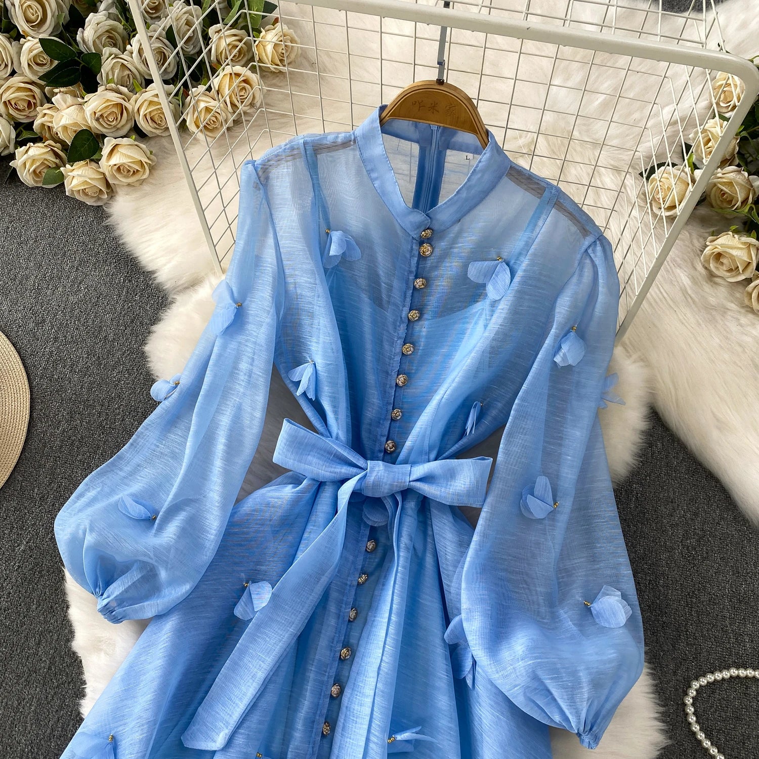 Chic vintage long sleeve floral button Elegant Fairy korean fashion autumn Sundress women clothing