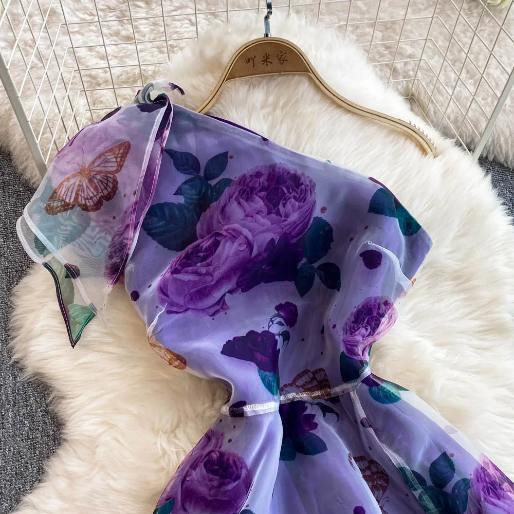 American Chic Maxi Dress for Women Floral Printed Skew Collar Sleeveless Female Dresses A-line Evening Club Vestidos Dropship