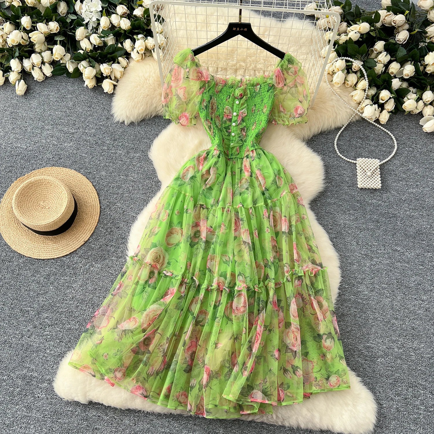 Retro Floral Chiffon Dr Women's Waist Cinched One oulder Bubble Sve Me Skirt Commute Korean Sle High Waist A-Line...