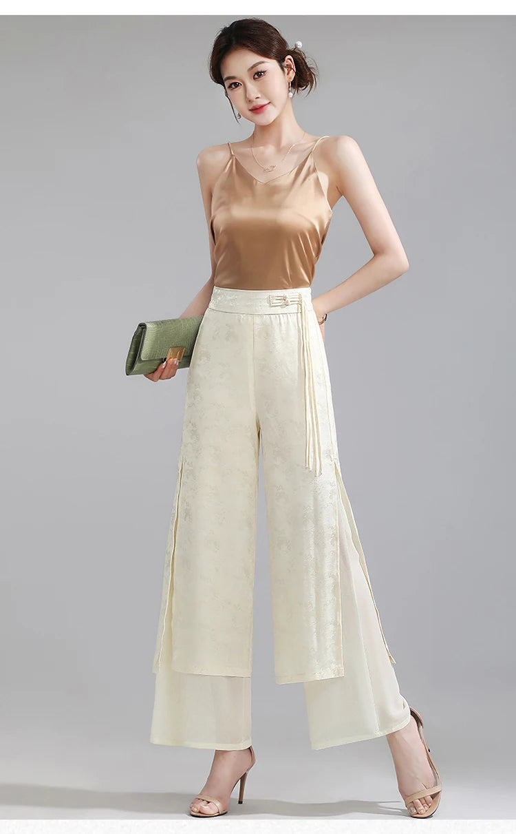 Chiffon Wide Wide Trousers Female Elegant Vintage New Pants Summer Thin Split Loose Skirt Pants Women Black Green