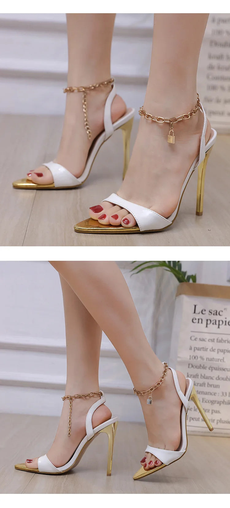 New Summer Sandals Women Fashion Gold Chain Ankle Strap Sexy Peep Toe Ladies Metal High Heels Sandals Woman Party Shoes Pumps