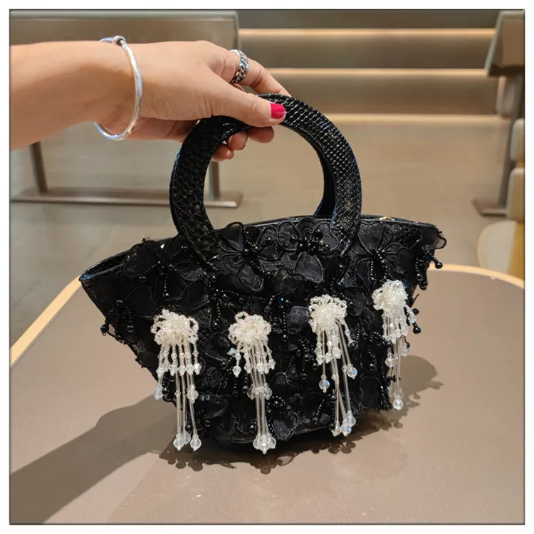 Tassel Flower Ita Bag Women New Shoulder Crossbody Sac A Main Lace Women's Bag Bucket Female Leather Handbag