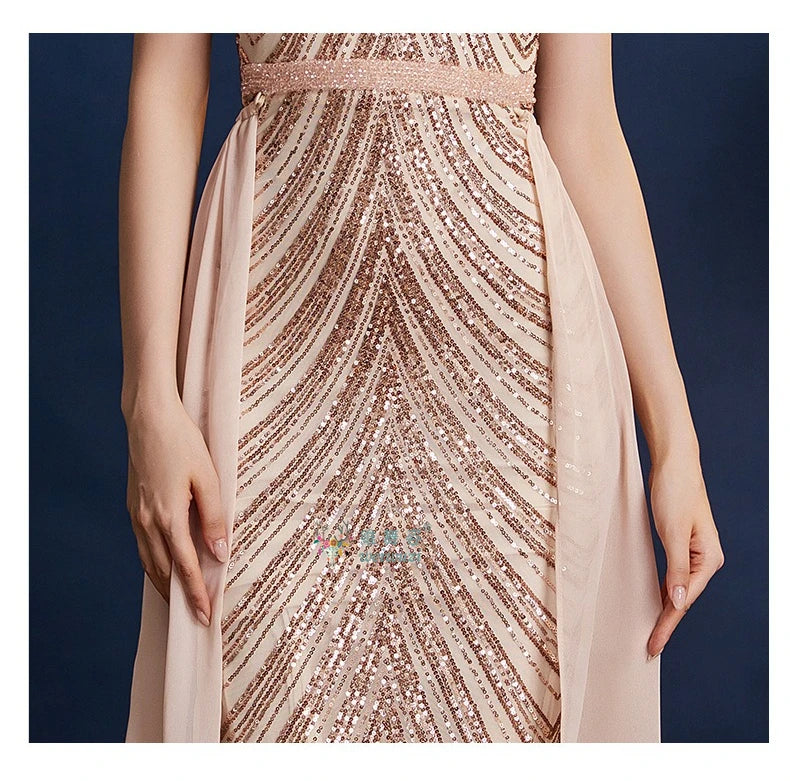 Chic High Sleeveless Sexy Backless Beading Sequined Mermaid Formal Evening Dresses Birthday Party Prom Gowns Elegant Luxury
