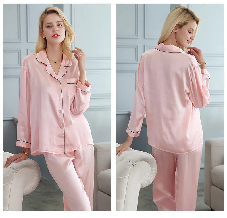 100% Mulberry Silk Pajamas Women Summer Winter Spring Long-sleeved Two-piece Couple Home Service Silk Pajamas For Lady