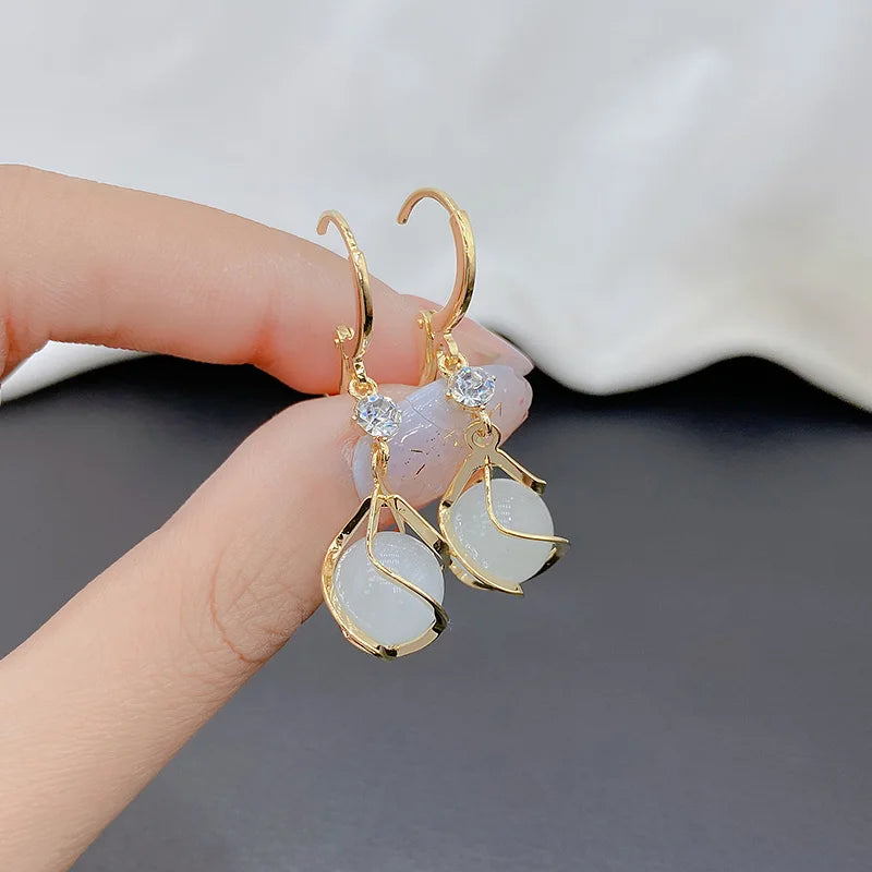 High Quality Crystal Zircon Round Opal Hollow Long Tassel Water Droplets Earrings New Women's Fashion Jewelry Romantic Girl Gift