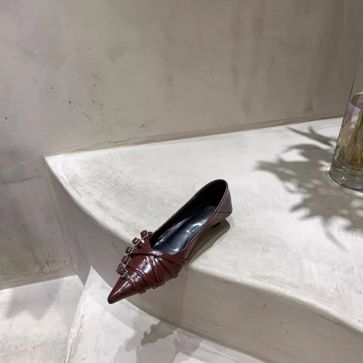 Thin Heeled Square Buckle High Heels for Women 2025 New French Style Shallow Mouth Low Heel Small Leather Shoes