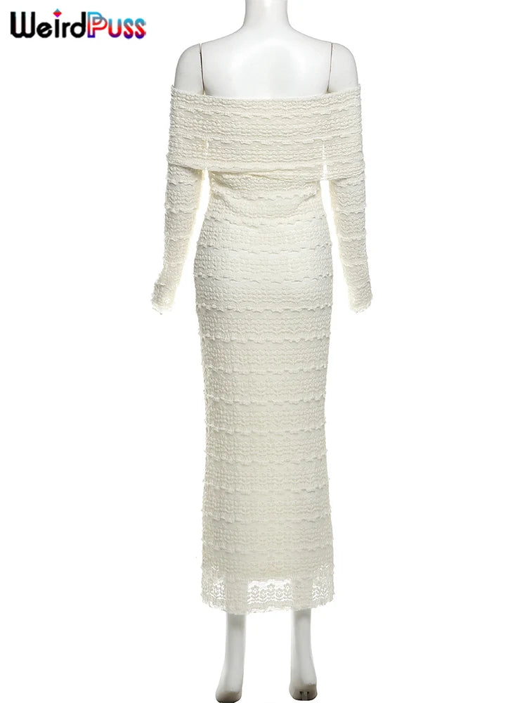 Cutenew Slash Neck Dress Women Sexy See Through Lapel Backless Full Sleeve Vacation Beach Party Elegant Skinny Maxi Vestidos