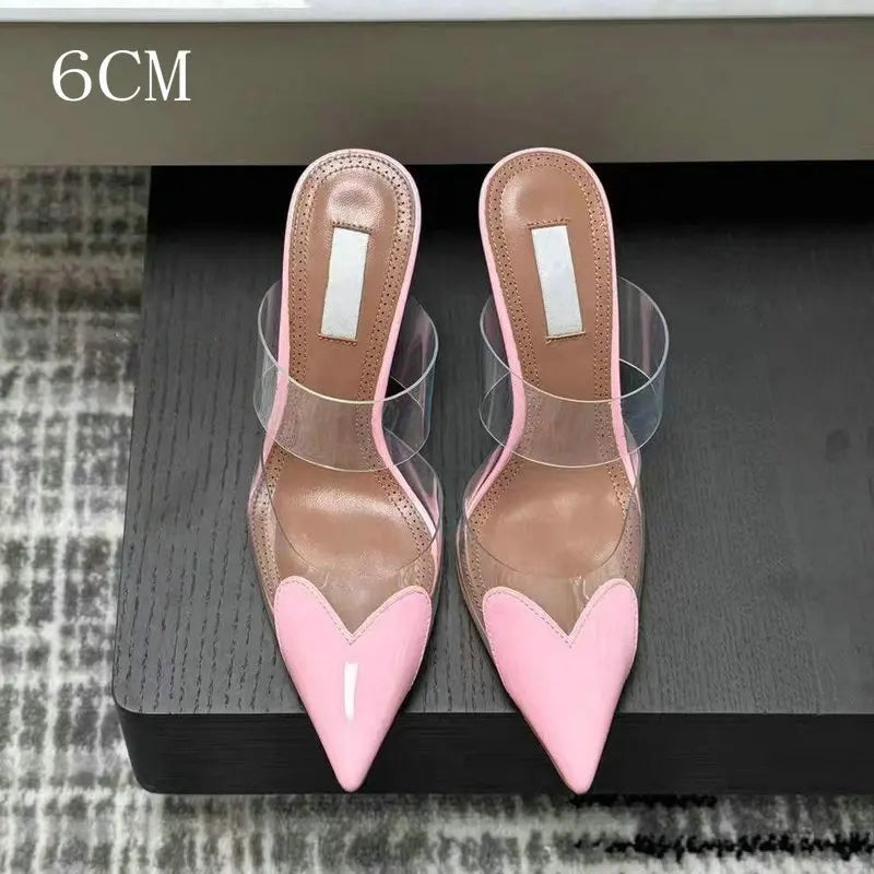2025 Colorful Heart-Shaped Transparent Sexy Patchwork Color Sandals Women'S Half-Toe Pointed Toe Slippers 6cm/8cm/10cm