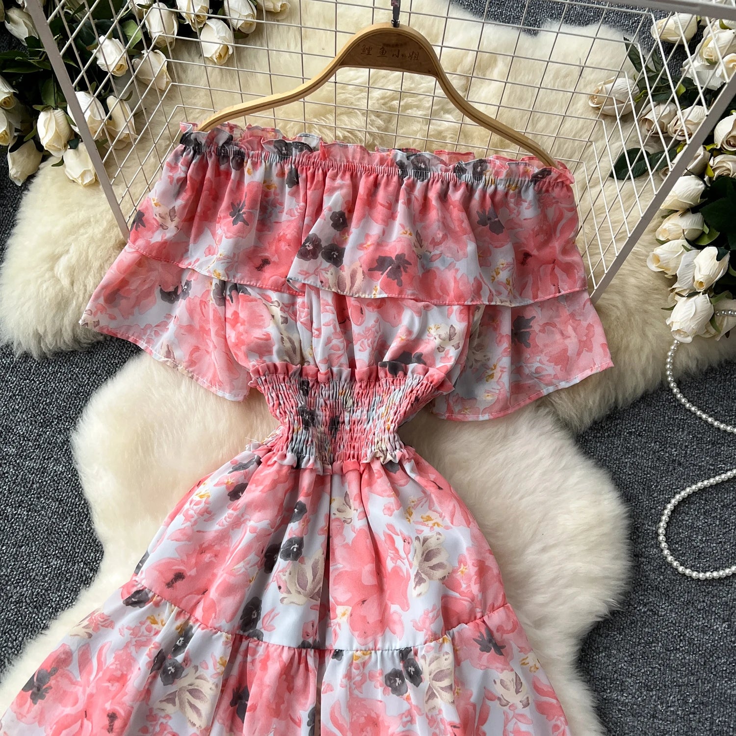 French Vintage Off Shoulder Short Sleeve Ruffle Tiered Long Dresses Chic Casual Beach Vacation Women Summer Chiffon Clothing