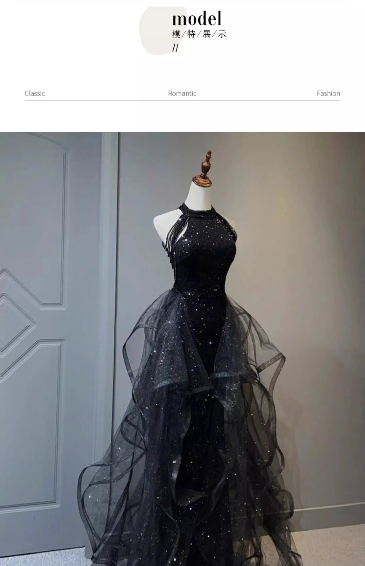 Black Sequined Evening Dress, High-end Light Luxury Hanging Neck Dress, High-end Feeling, Annual Meeting Art Exam for Women