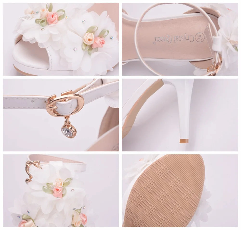 Summer new round-toed fish mouth white PU rhinestone lace flower wedding shoes banquet large size thin high-heeled women sandals