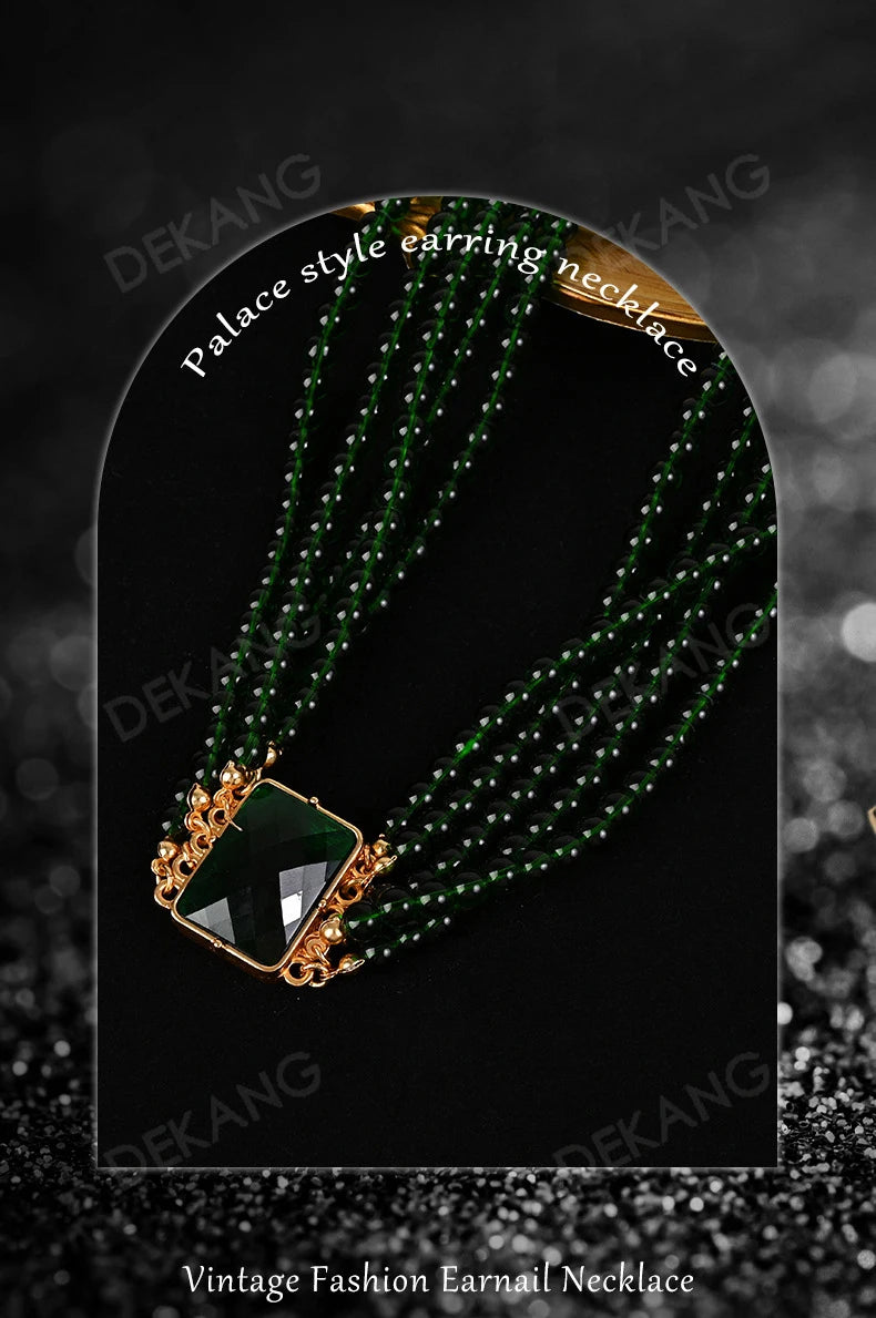 Exaggerated Green Crystal And Glass Multi-Layered Wearing Set Necklace Earrings