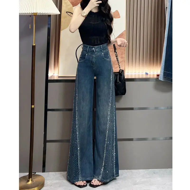 Hot Diamond Jeans For Women Fashion Hot Girls High Waisted Loose Flared Pants Autumn Retro Casual Commuting Wide Leg Trousers